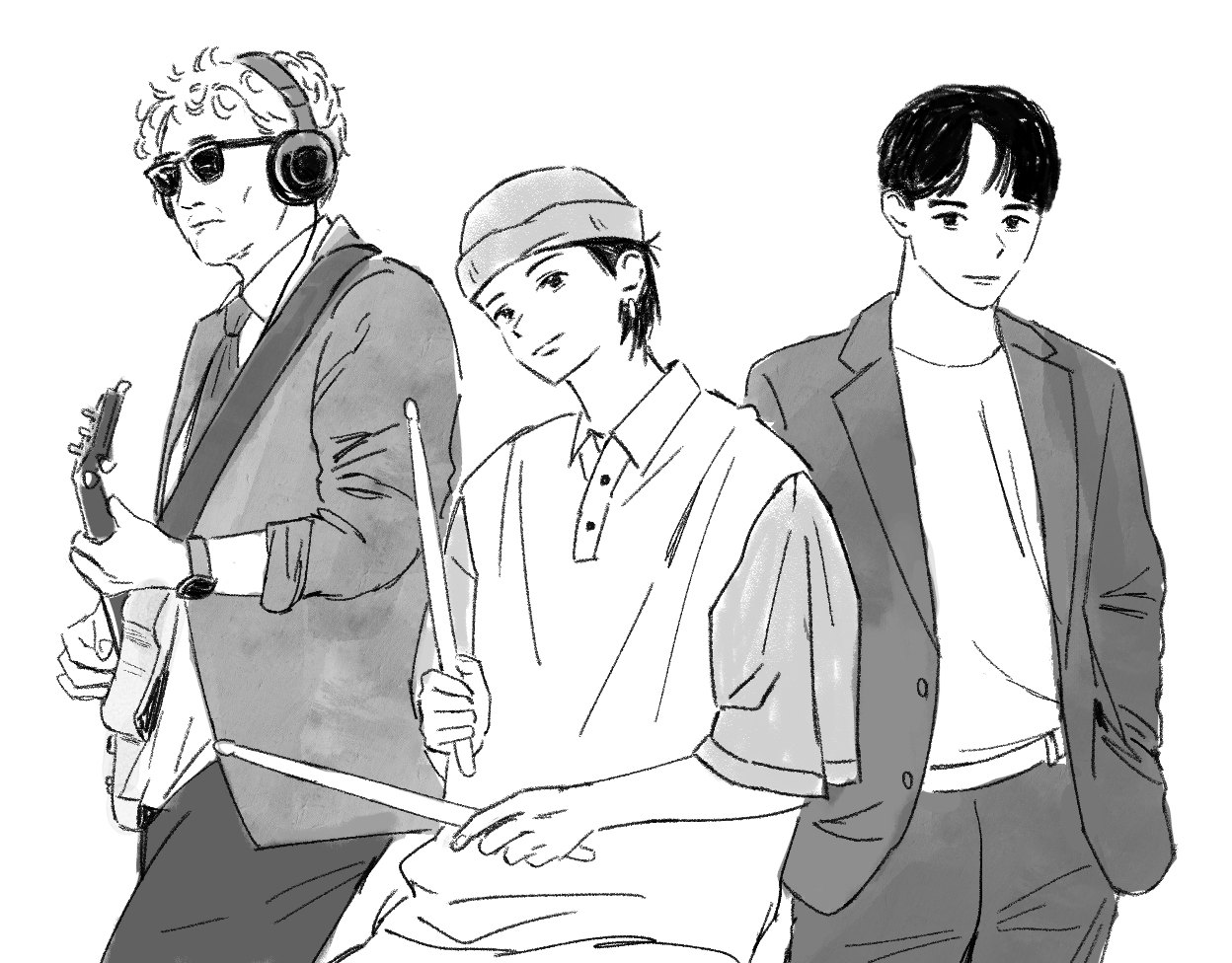 송차앤 세 멤버를 그린 드로잉. 왼쪽부터 베이스 송홍섭, 드럼 차기은, 피아노 이수창.